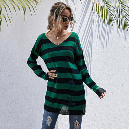 Damen Oversized Strickpullover V-Ausschnitt Streifenmuster - Eveloria