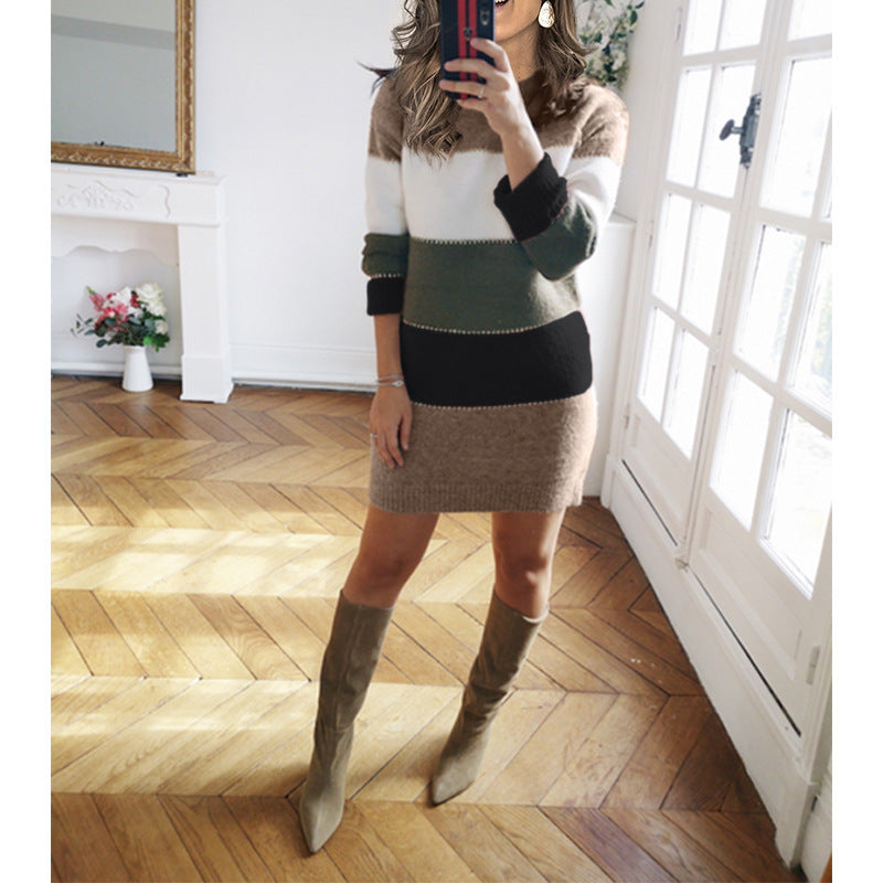 Damen Strickkleid Streifenmuster Elegantes Design