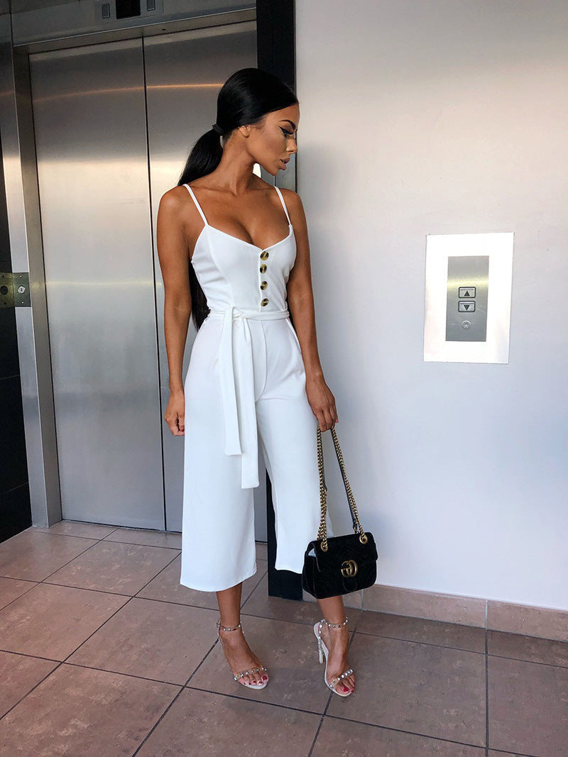 Damen Jumpsuit V-Ausschnitt Seiten Gürtel Eveloria