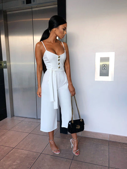 Damen Jumpsuit V-Ausschnitt Seiten Gürtel Eveloria