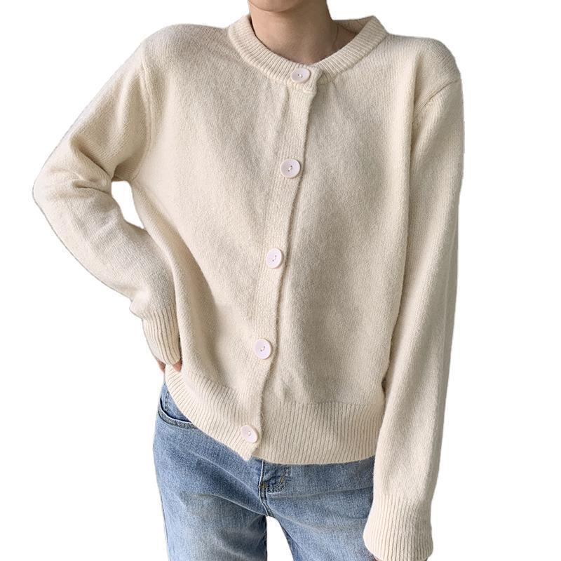 Damen Strickjacke Weich Dekorative Knöpfe Beige