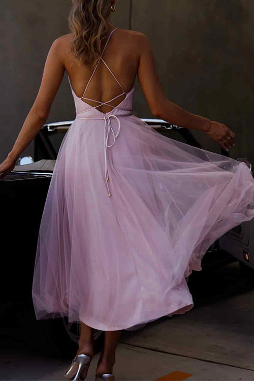 Eveloria Damen Tüllkleid Offener Rücken Tailliert Midi