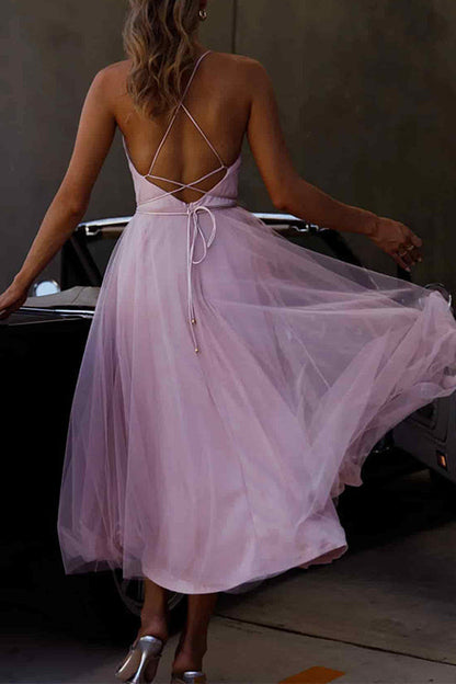 Eveloria Damen Tüllkleid Offener Rücken Tailliert Midi