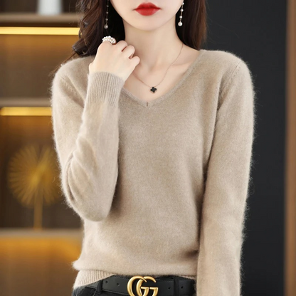 Damen Pullover V-Ausschnitt Leichter Weicher Strick