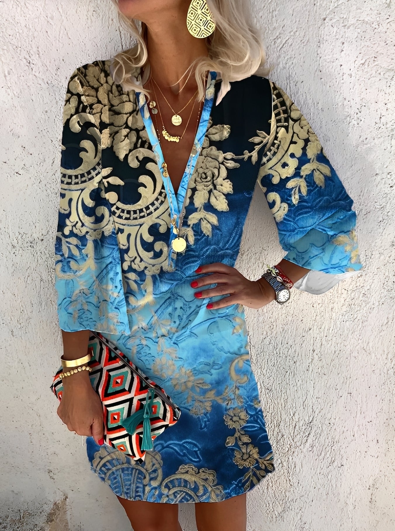 Damen Minikleid Boho-Stil Leicht Sommerlook Mehrfarbig
