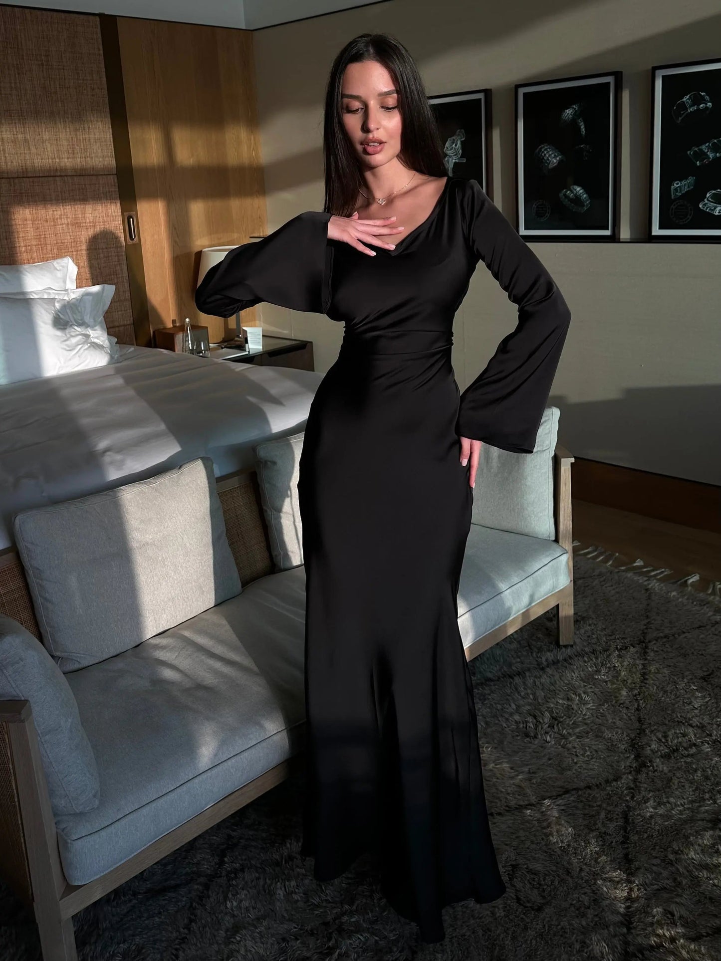 Damen Abendkleid Maxikleid Figurbetont Lange Ärmel