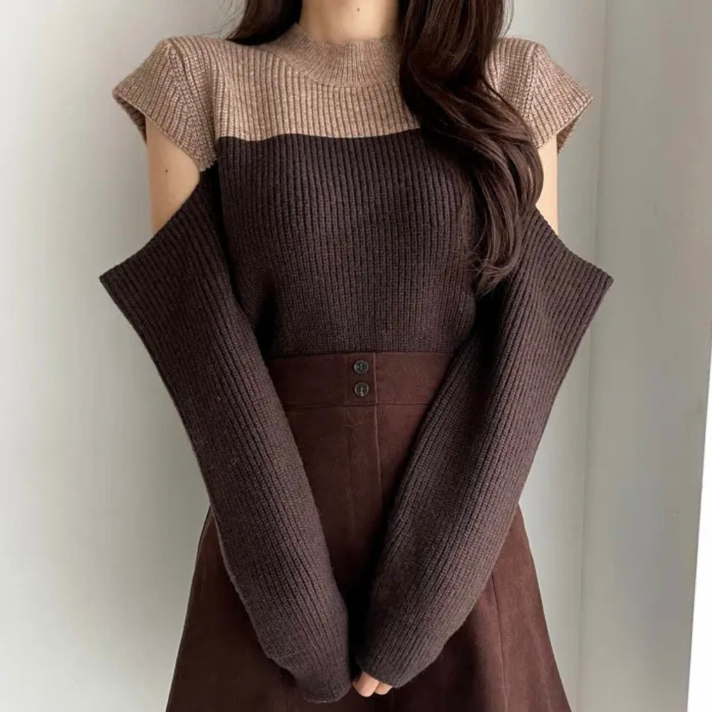 Damen Strickpullover Rundhalsausschnitt Zweifarben - Eveloria