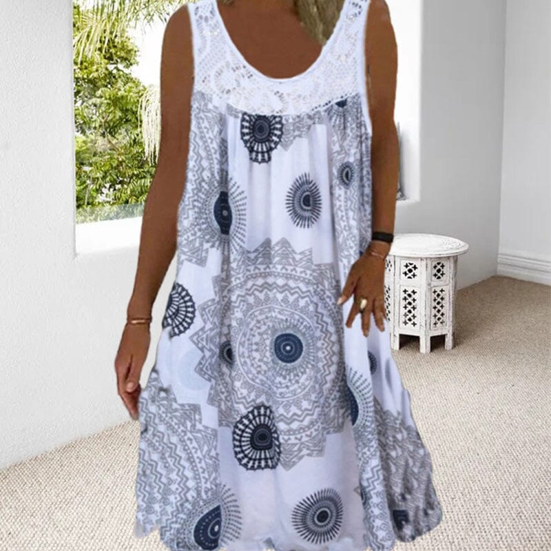 Damen Ärmelloses O-Ausschnitt Kleid Sommer Druck