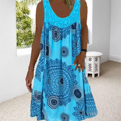 Damen Ärmelloses O-Ausschnitt Kleid Sommer Druck