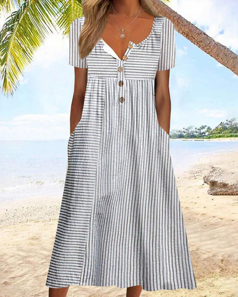 Damen Sommerkleid Kurze Ärmel Gestreift Mit Taschen - Eveloria