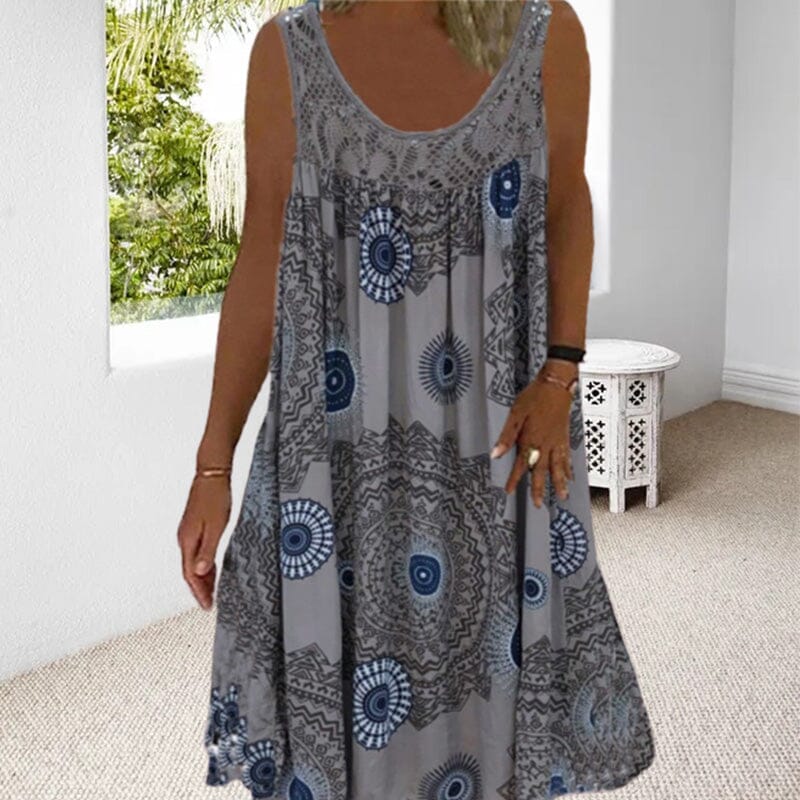 Damen Ärmelloses O-Ausschnitt Kleid Sommer Druck