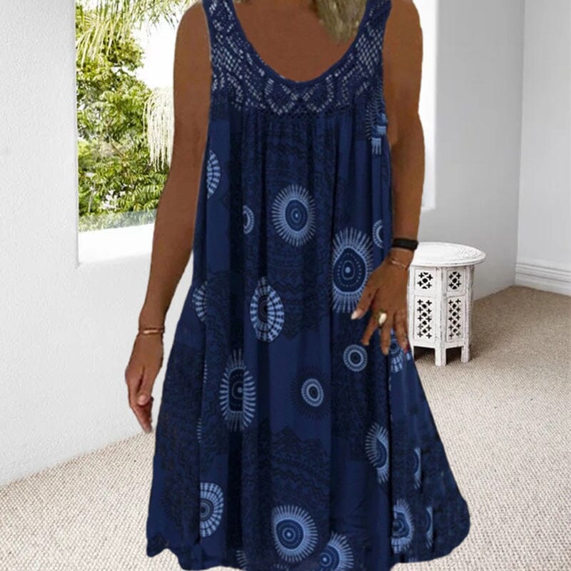 Damen Ärmelloses O-Ausschnitt Kleid Sommer Druck