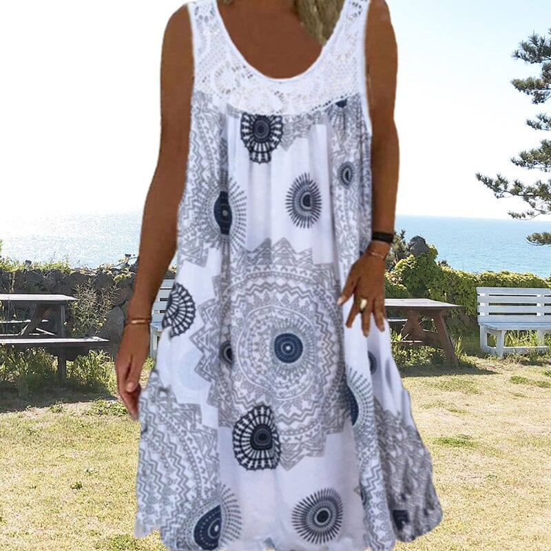 Damen Ärmelloses O-Ausschnitt Kleid Sommer Druck