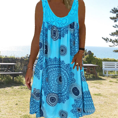 Damen Ärmelloses O-Ausschnitt Kleid Sommer Druck
