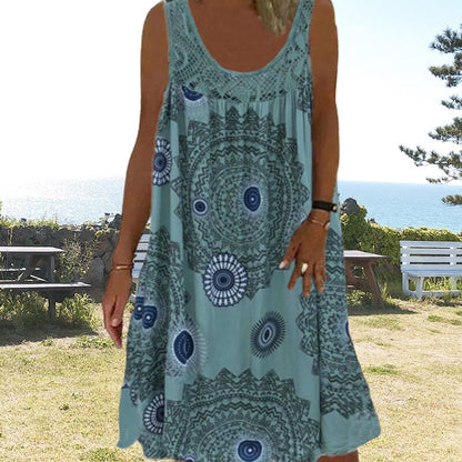 Damen Ärmelloses O-Ausschnitt Kleid Sommer Druck