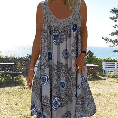 Damen Ärmelloses O-Ausschnitt Kleid Sommer Druck