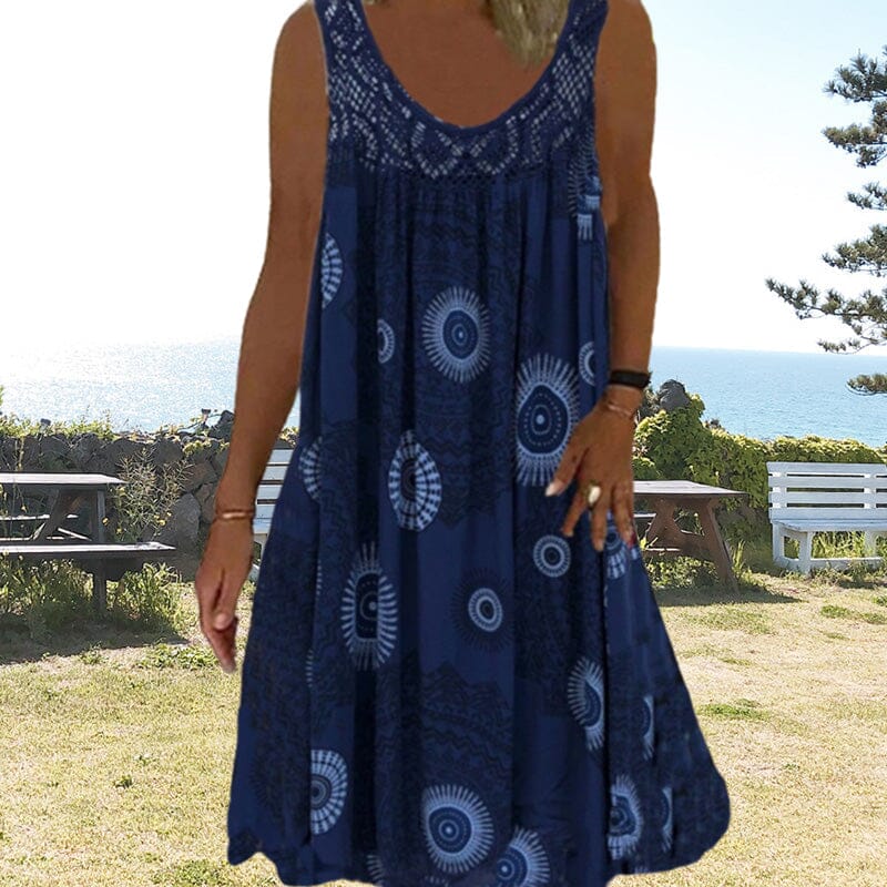 Damen Ärmelloses O-Ausschnitt Kleid Sommer Druck