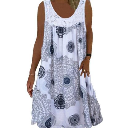 Damen Ärmelloses O-Ausschnitt Kleid Sommer Druck