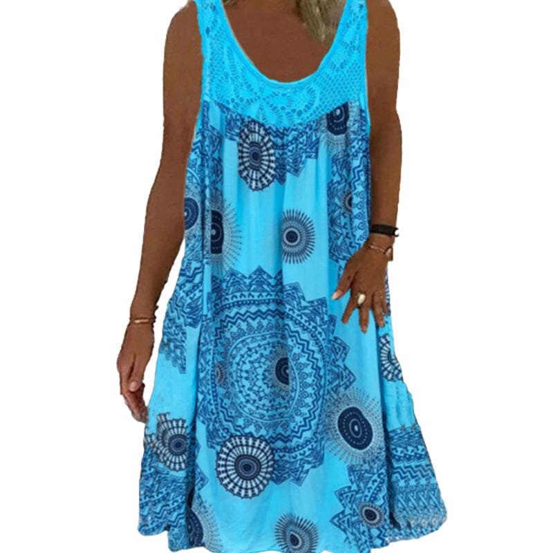 Damen Ärmelloses O-Ausschnitt Kleid Sommer Druck