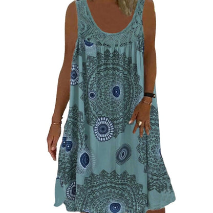 Damen Ärmelloses O-Ausschnitt Kleid Sommer Druck