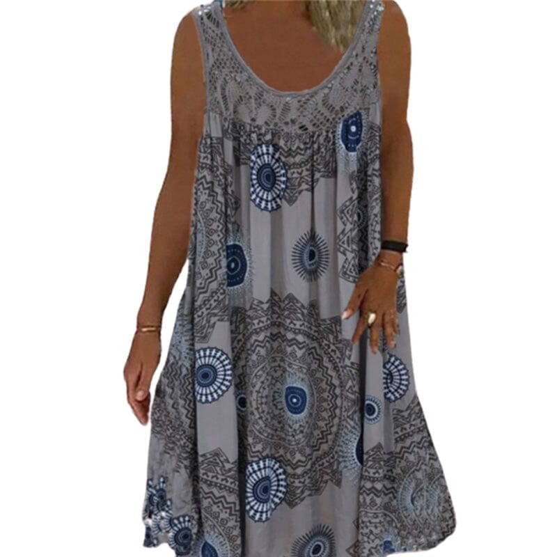 Damen Ärmelloses O-Ausschnitt Kleid Sommer Druck