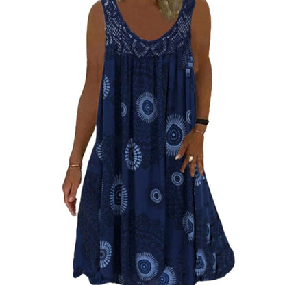 Damen Ärmelloses O-Ausschnitt Kleid Sommer Druck