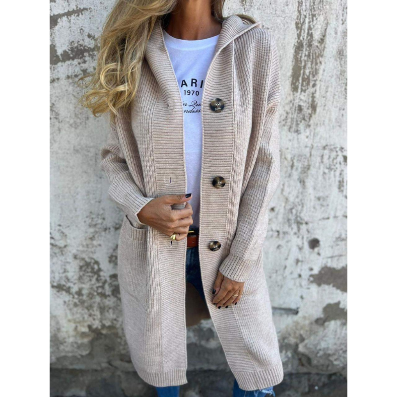 Damen Cardigan Lang Mit Kapuze Große Knöpfe