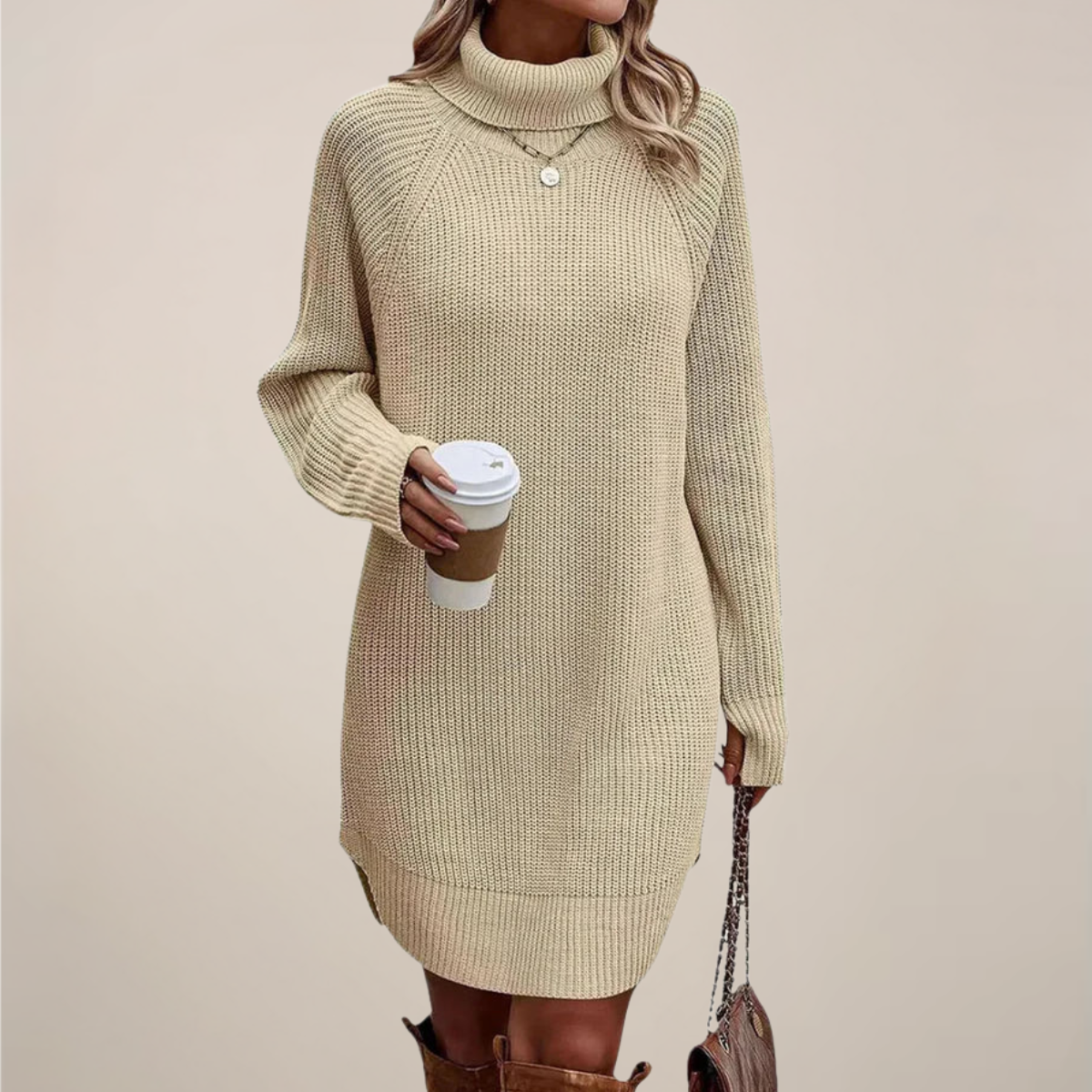 Damen Rollkragen-Pulloverkleid Langärmlig