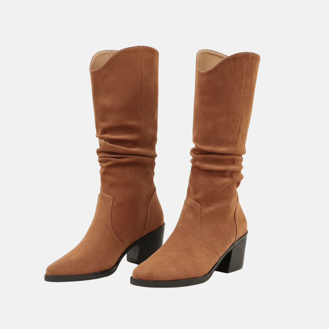 Damen Stiefel Mittelwaden Wildlederoptik Schluffiger Schaft Spitz