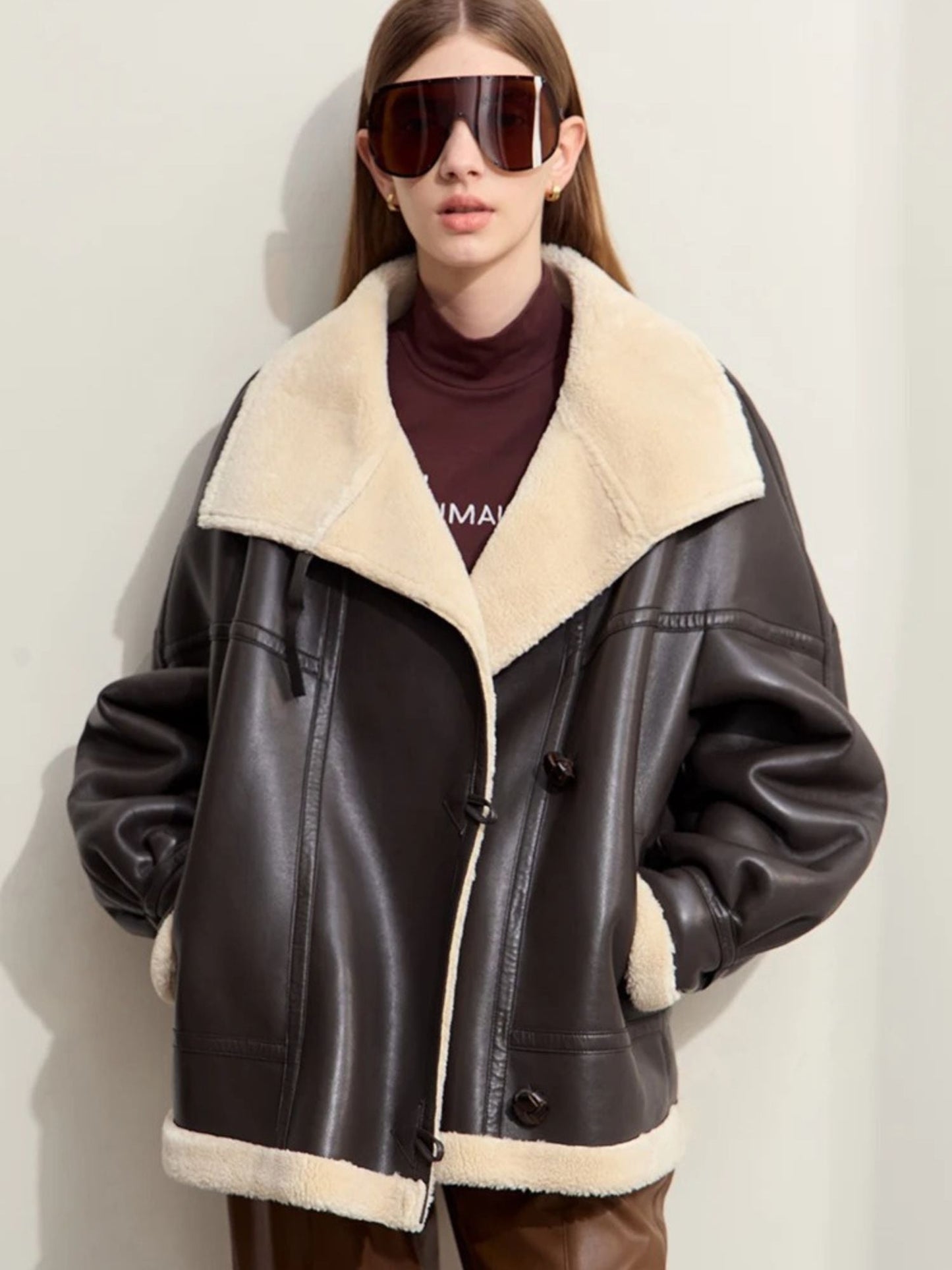 Gefütterte Kunstlederjacke Shearling Kragen Damen - Eveloria