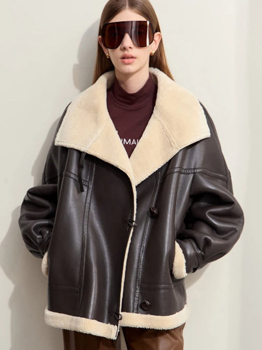 Gefütterte Kunstlederjacke Shearling Kragen Damen - Eveloria