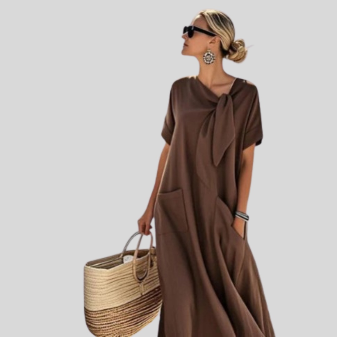 Elisa Damen Midi Kleid mit Bindekragen und Taschen Leicht Lockeres