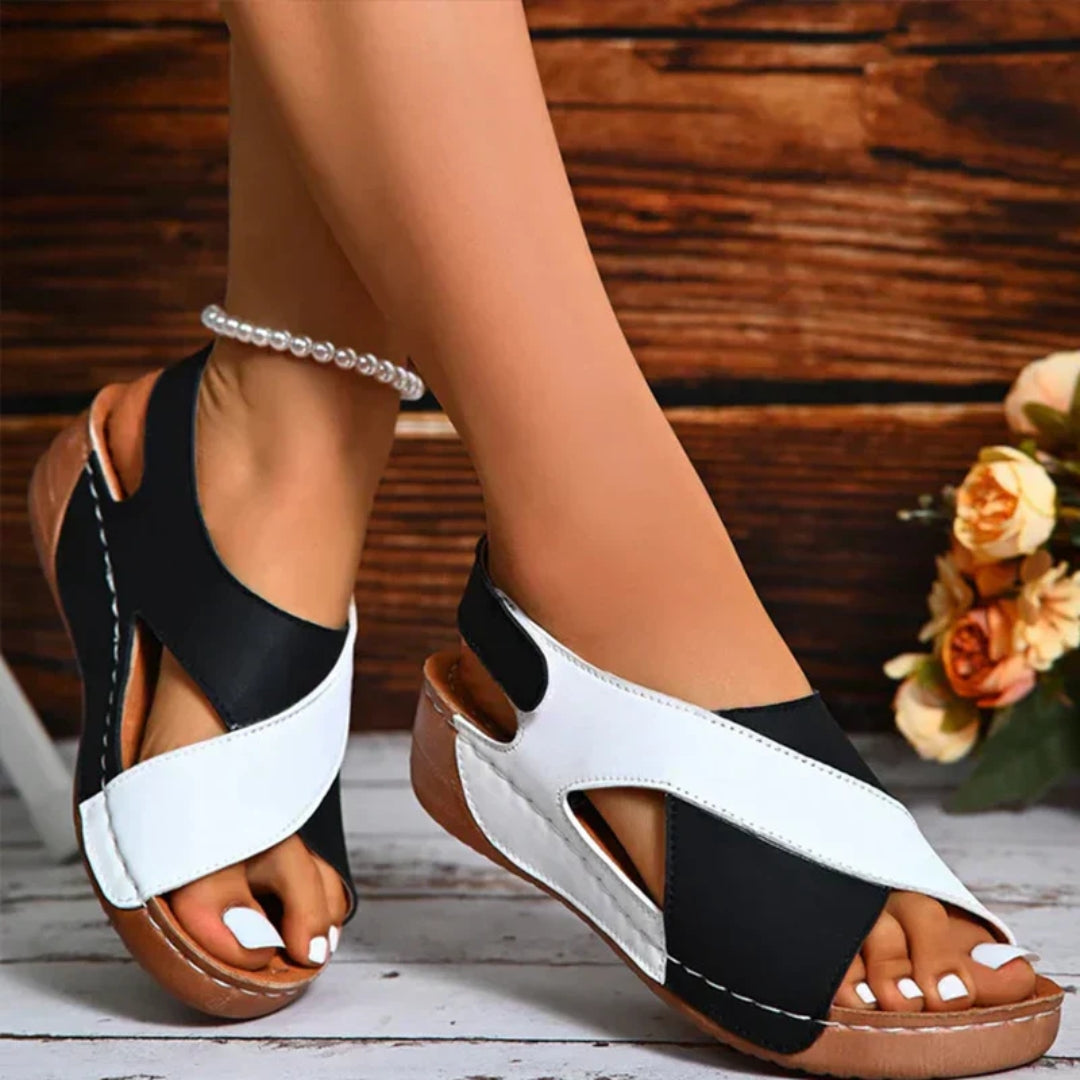 Damen Orthopädische Sandalen Kreuzriemen Leder Schwarz - Eveloria