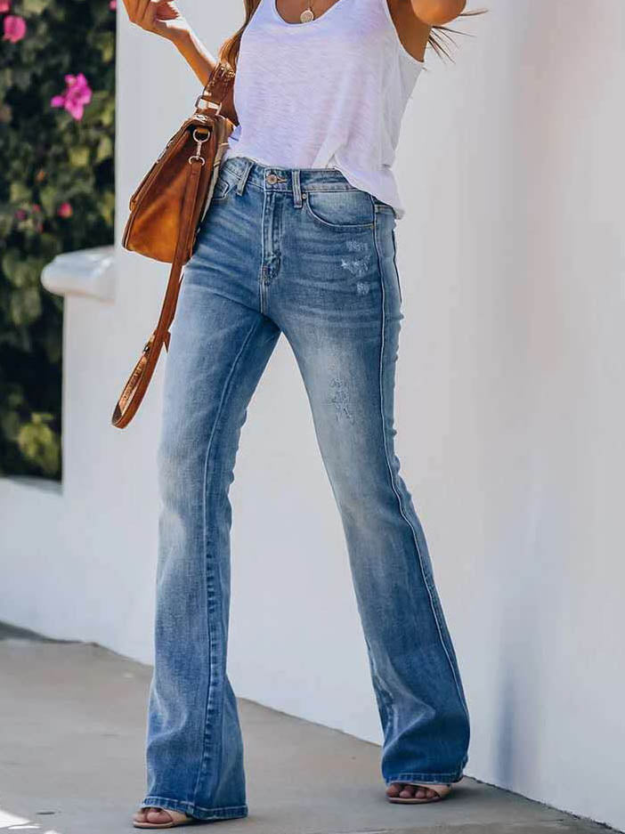 Eveloria Damen Jeans Hose Reißverschluss Breites Bein Lang Denim Blau