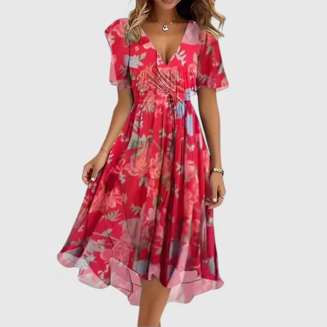 Damen Blumen Midi Kleid V-Ausschnitt - Eveloria
