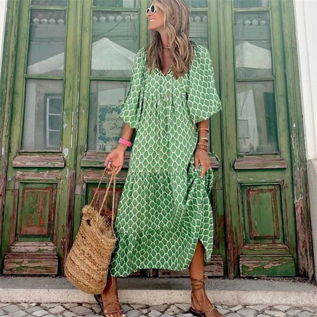 Damen Maxi Kleid Blumenprint V-Ausschnitt Halbarm Ibiza Look