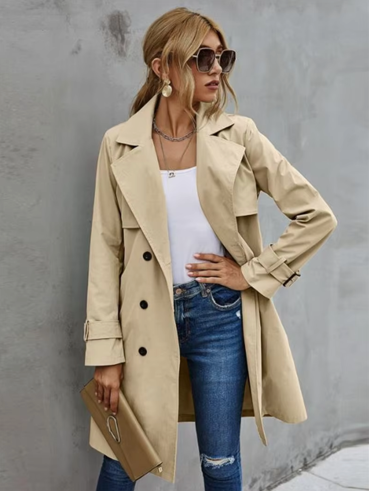 Damen Trenchcoat Doppelreiher Taillengürtel Klassisch Beige - Eveloria