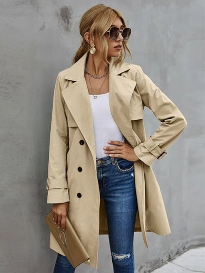 Damen Trenchcoat Doppelreiher Taillengürtel Klassisch Beige - Eveloria