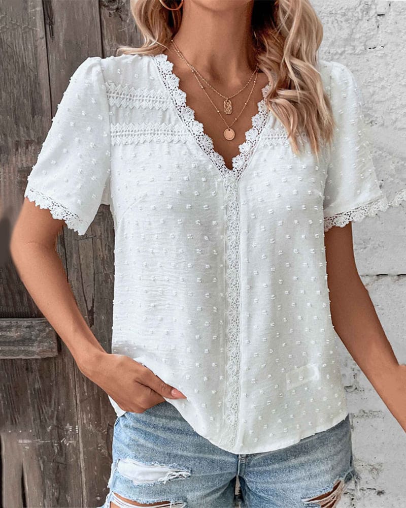 Damen Spitzen-Shirt Weiß V-Ausschnitt Kurzarm - Eveloria