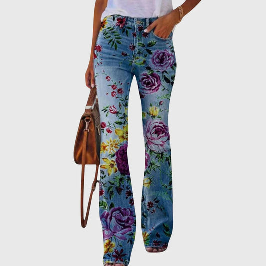 Damen Enge Jeans Blumenbedruckt Schwarz - Eveloria