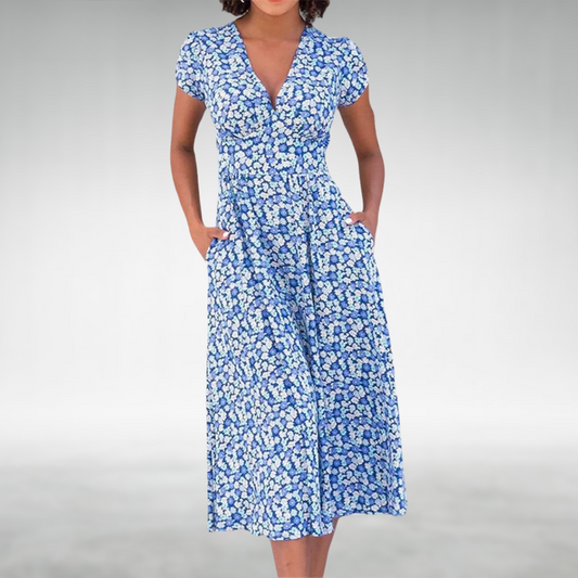 Damen Blumen Midi Kleid V-Ausschnitt Mit Taschen - Eveloria