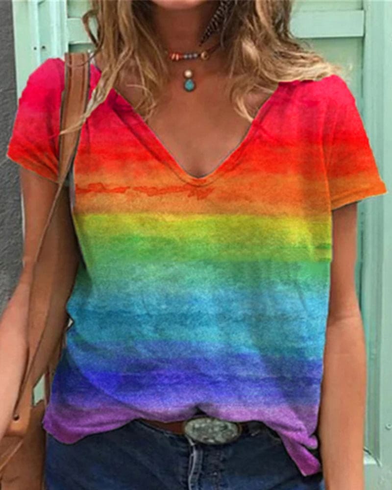 Damen T-Shirt V-Ausschnitt Regenbogenmuster Leicht