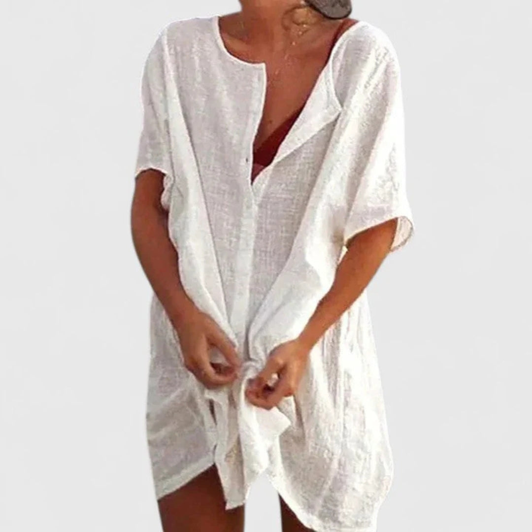 Damen Strandkleid Leichtes Überwurfkleid mit Knopfleiste Beige - Eveloria