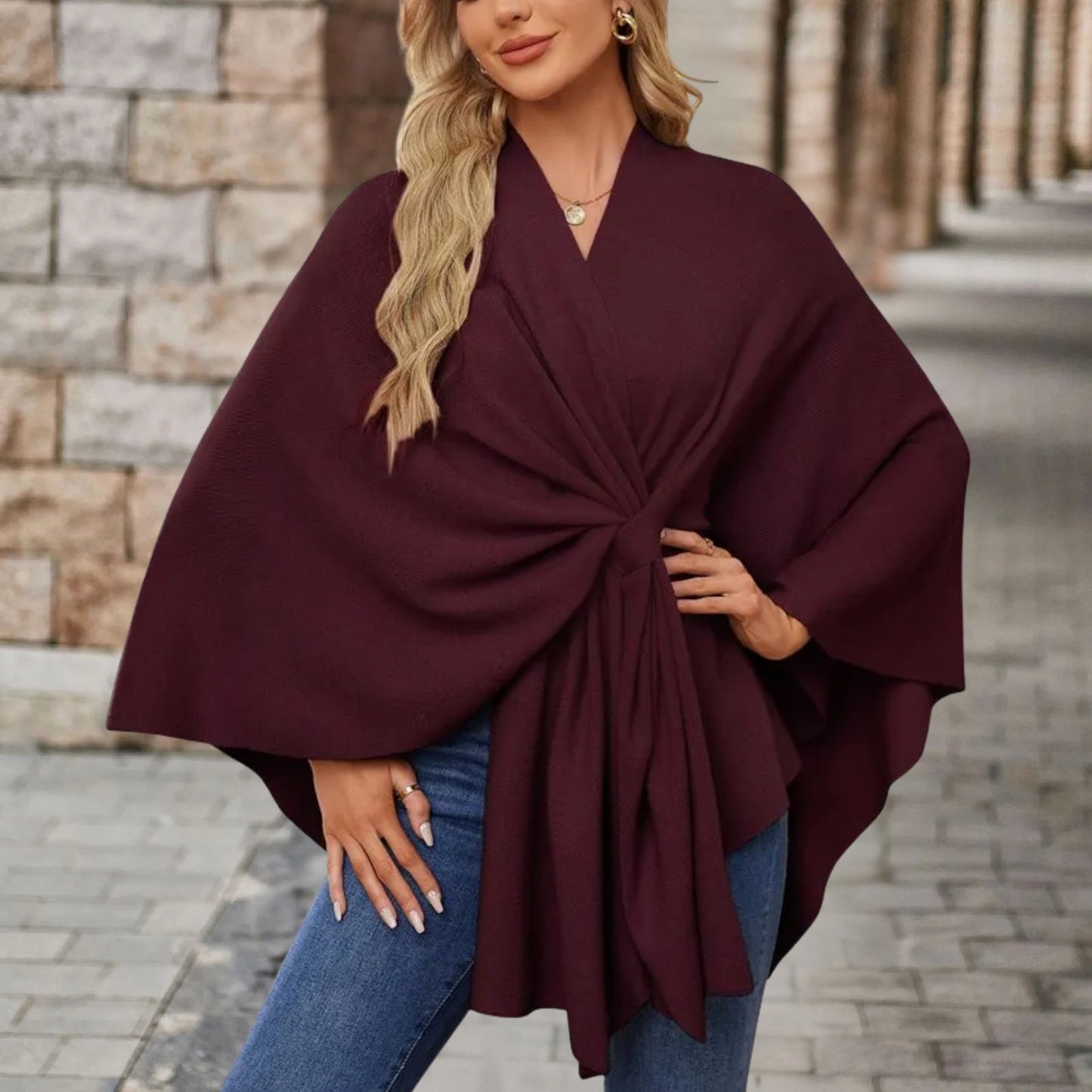 Damen Wickelponcho Leicht Feminin