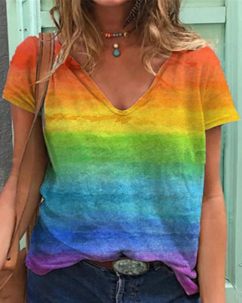 Damen T-Shirt V-Ausschnitt Regenbogenmuster Leicht - Eveloria