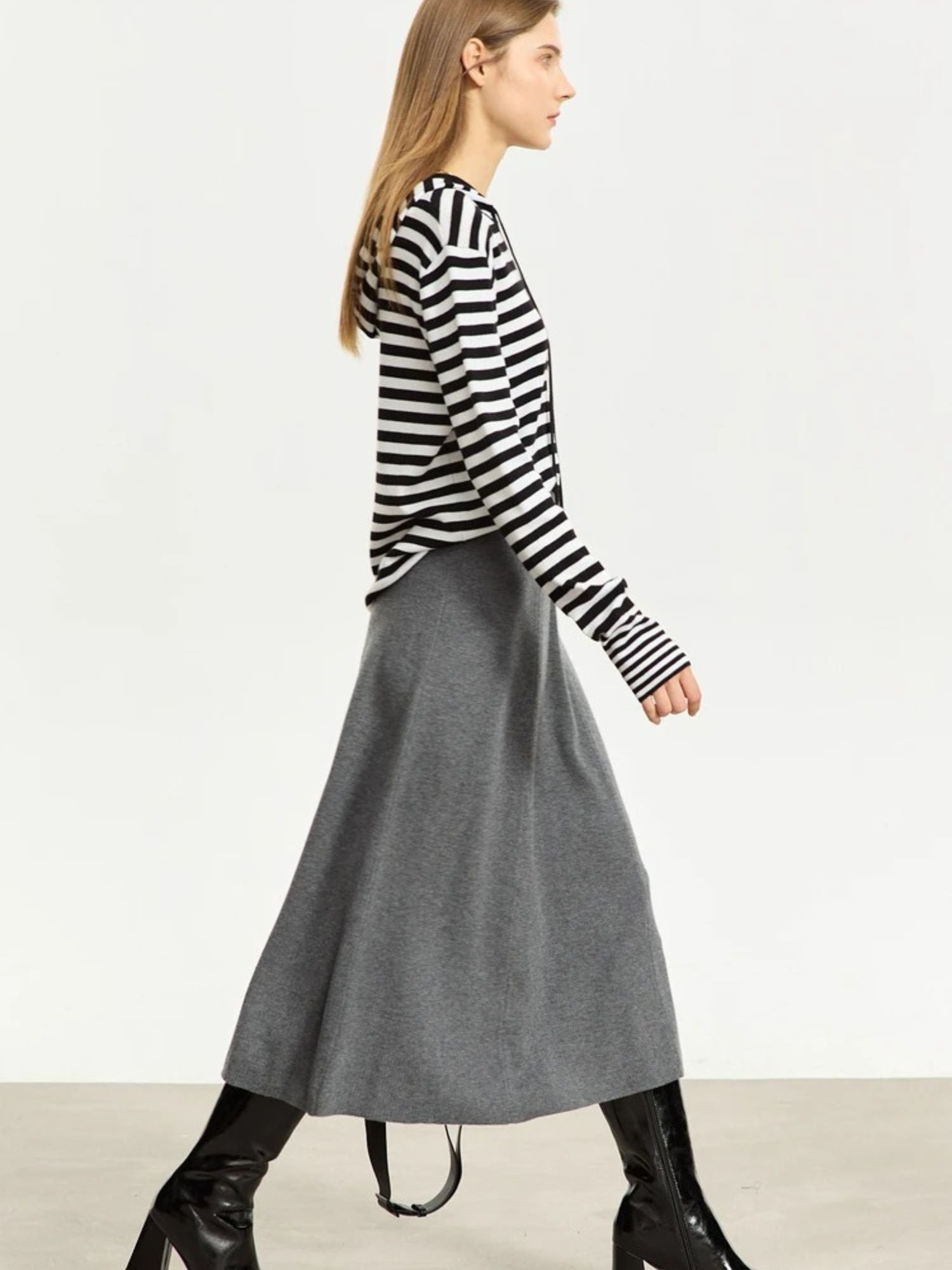 Wollmischung A-Linien-Rock Wadenlängen Damen Schwarz - Eveloria