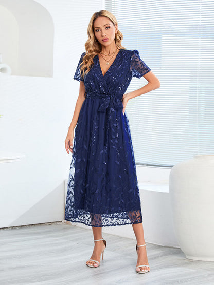 Eveloria Damen Midi Kleid V-Ausschnitt Gürtel Kurzärmelig