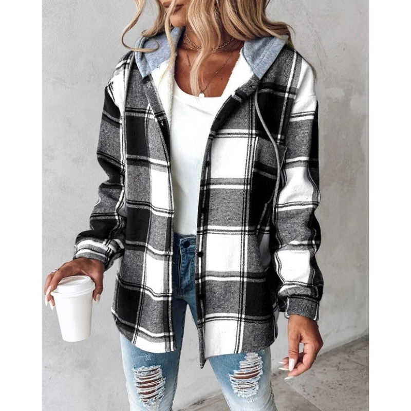 Eveloria Damen Hoodie Kariert Mit Knopfverschluss