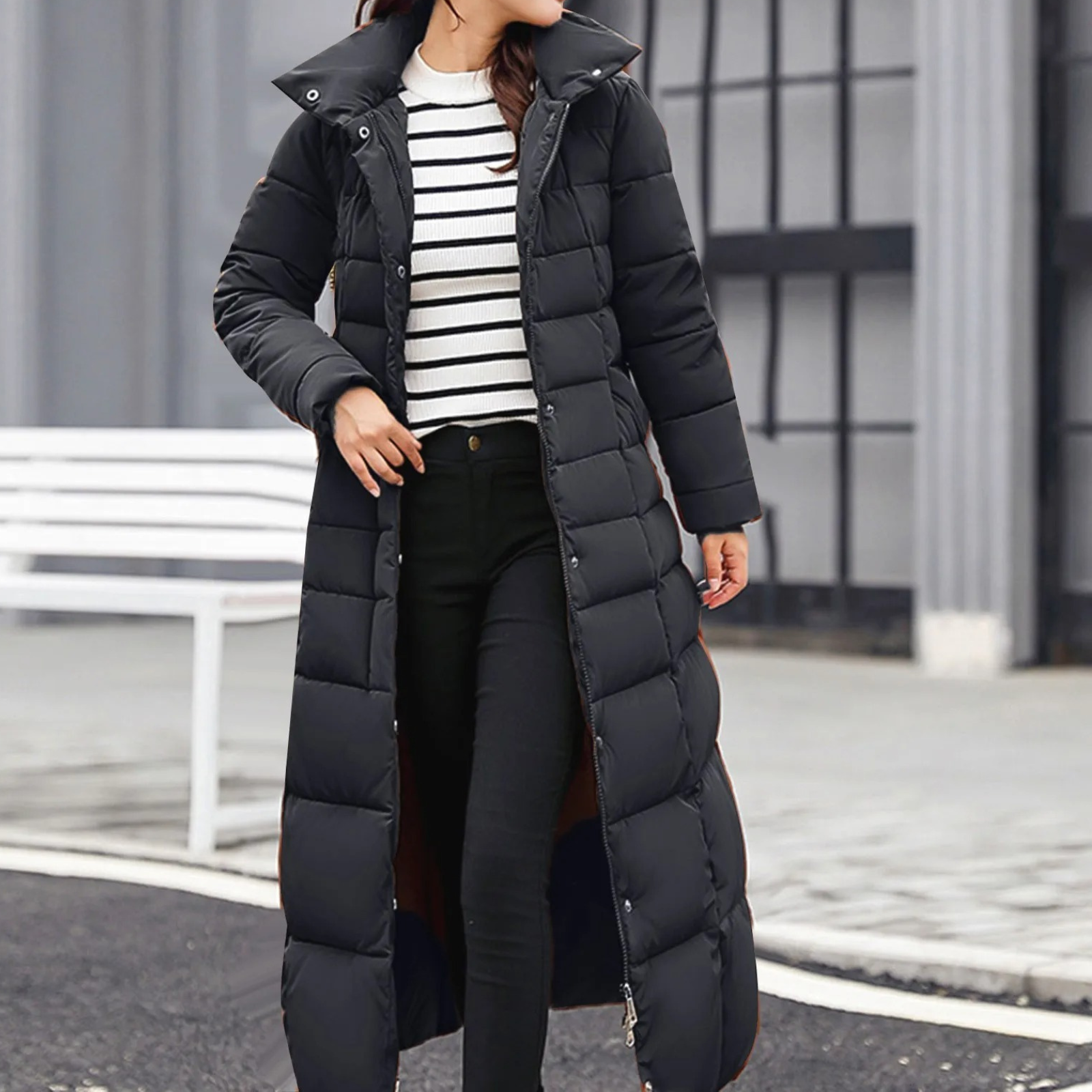 Damen Pufferjacke Elegantes Design Umlegekragen Schwarz - Norvielle