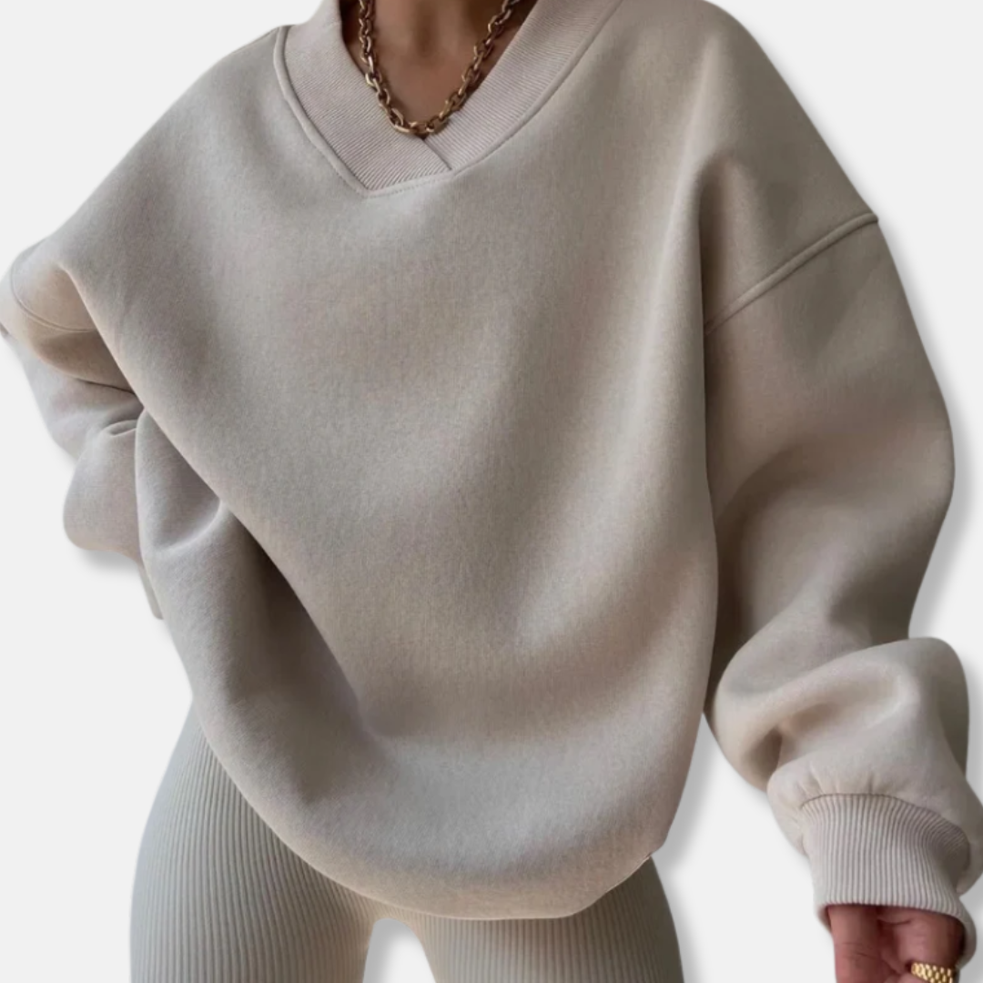 Eveloria Damen Sweatshirt Fleece-Mischung Übergroß V-Ausschnitt Grau